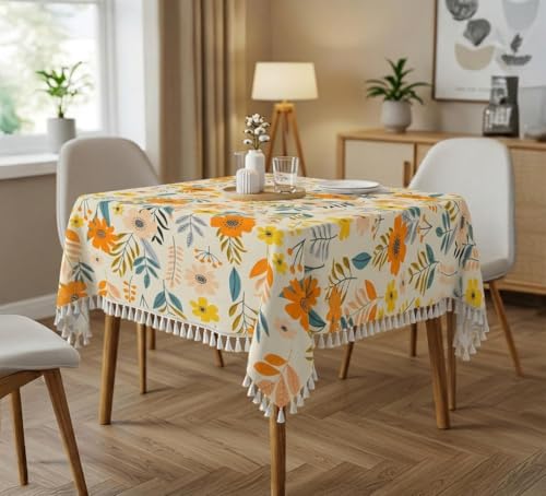 Image of RRC Microfiber Cotton Table Cloth Pack of 2 for 4 Seater Dining Table, 45 x 60 Inch Rectangular Printed Table Cover with Tassels, Washable, Durable & Fade Resistant