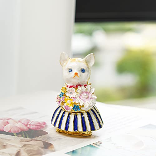 Yu Feng 2.7'' Lovely Cat Trinket Box With Flower Decorative Hinged Crystal Enameled Animal Ornament Decorative Jewelry Ring Store Box Hand-Painted Figurine Collectible #TOP3
