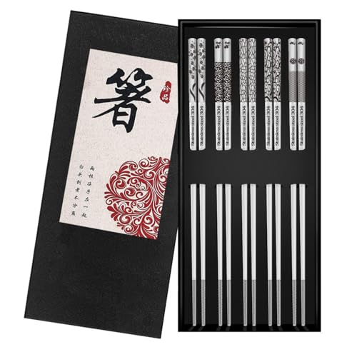 Metal Chopsticks Reusable 5 Pairs: Stainless Chopstick Set Dishwasher Safe,Non-Slip,Gift