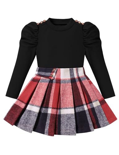 Image of Fuermos Toddler Girl Clothes Puff Sleeve Top and Pleated Girls Plaid Skirt Set 2PCS Girls Outfits Fall Winter