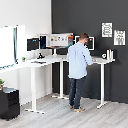 Image of VIVO Electric Height Adjustable 71 x 71 inch Curved Corner Stand Up Desk, White Table Top, White Frame, Memory Controller, L-Shaped Workstation, E3C Series, DESK-KIT-E3CWW