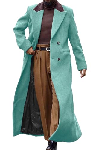Image of Man's Double Breasted Full Length Trench Coat Casual Corduroy Collar Long Jacket Peacoat Wool Blend Winter