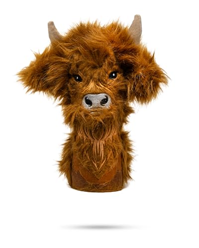 Pins & Aces Highland Cow Head Cover – Premium, Hand-Made Leather Headcover with Plush Design – Cute, Farm-Inspired Animal Theme – Tour Quality Golf Club Cover – Customize Your Bag (Driver)