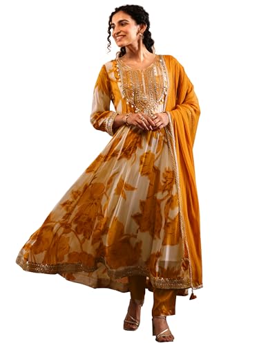 Image of Libas Printed Georgette Anarkali Kurta With Trousers and Dupatta