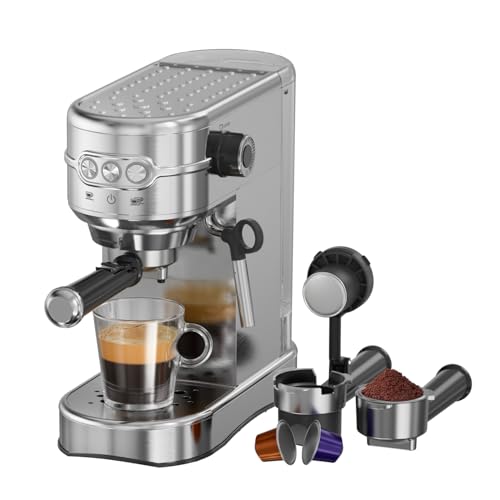 JZ.CAFE Espresso Machine - 20Bar Coffee Maker with Foaming Steam Wand: 1450W Compatible for Original Capsule & Ground, Single-Serve Espresso Maker with 35Oz Removable Water Tank for Latte, Kitchen