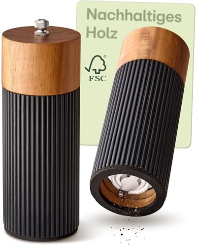 Praknu Salz & Pfeffermühle FSC® Holz der Akazie Set – mit Keramikmahlwerk – Stufenlos Einstellbar & Langlebig – Pfeffer und Salzmühle – Gewürzmühle Holz – Pfeffer Salz Mühlenset – Schwarz – Klein