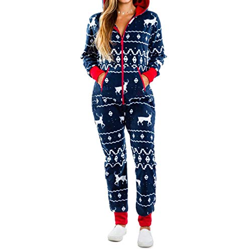 Womens Fleece Non-footed Onesie Thermal Loungewear Pajamas Adult Sherpa Lined Hoody One Piece Jumpsuits (Navy Blue, L)