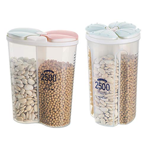 JMAHM Lot de 2 distributeurs de céréales hermétiques en plastique transparent avec plusieurs espaces, pour garder les aliments frais et secs (2,5 l/2 compartiments + 2,5 l/4 grilles, mélange + vert)