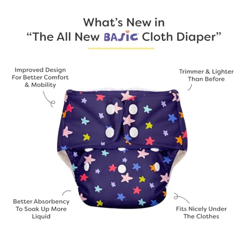 Image of BASIC Reusable Cloth Diapers | New Trimmer Version | Adjustable, Washable & Rash-Free | Includes Absorbent Pad with Dry Feel Layer | Fits 3M-3Y (5-17kg) | Certified & Comfortable for Babies