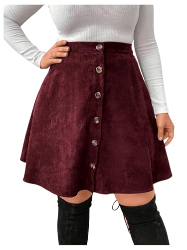 WDIRARA Women's Plus Size A Line Button Front Skirt High Waisted Corduroy Skirts