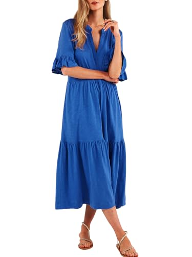 Image of Mieazom Short Sleeves Maxi Dress for Women A Line Summer Dress V Neck Casual Loose Tiered Long Dresses with Pockets