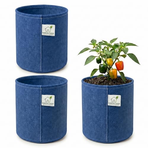 Image of 400 GSM Geo Fabric Round Grow Bags 18x18 Inch, Blue Planting Bags for Terrace and Kitchen Gardening Pack of 3