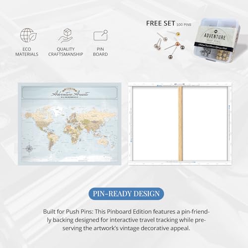 Image of IPIC - Blue Ocean World Map Pin Board Canvas Wall Art, Travel Map with Pins Included, Ready to Hang for Home or Office 30x24 Inch