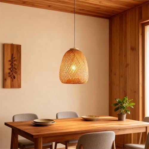 Image of Boho Woven Rattan Oval Basket Pendant Light | Decorative Wooden Oval Hanging Lamp for Dining, Cafe & Living Room Decor