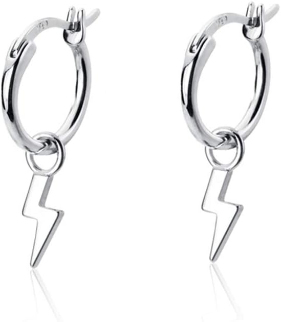 DtjaSmall Lightning Bolt Dangle Hoop Earrings for Women Girls Men Sterling Silver Dipped Huggie Personalized Drop Clip Hypoallergenic Stud Delicate Charm Punk Fashion Jewelry Chic White Gold Plated