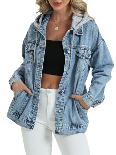 Women's Oversized Denim Jacket Long Distressed Ripped Trucker Jean Jackets Coat With Detachable Hood3