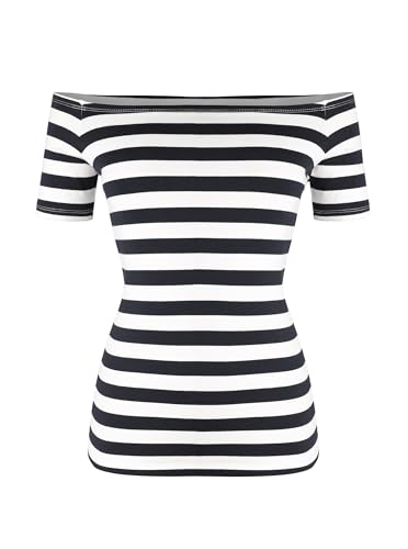 LilyCoco Striped Off The Shoulder Tops for Women Short Sleeve Sexy Fitted Pirate Shirt Mid Navy Stripe X-Small