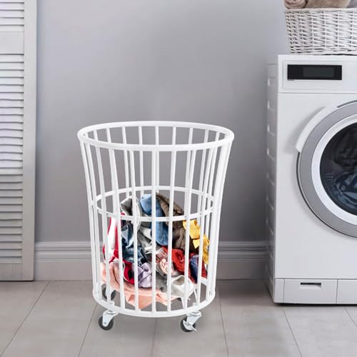 Image of Rolling Laundry Basket Cart Metal Laundry Basket with Wheels,Portable Laundry Hamper Bathroom Dirty Clothes Storage, 11.8in Base Diameter, 14.2(D)x15.7in(H)(J)