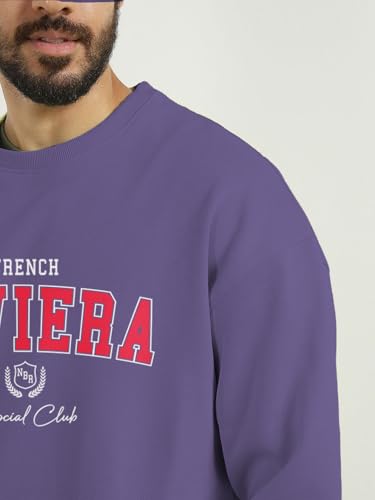 Image of Nobero Men's Graphic Printed Oversized Sweatshirt | Cotton Rich Fleece Round Neck Pullover | Relaxed Fit Casual Winter Wear for Men