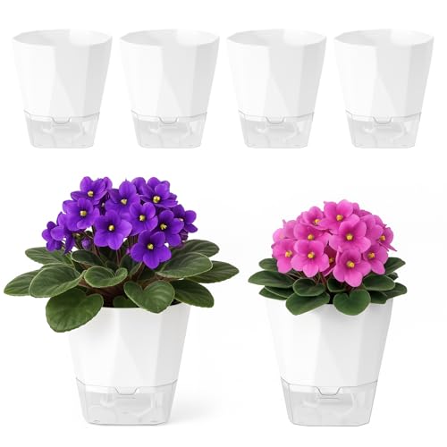 6 Pack Self Watering Pots for Indoor Plants, 5 Inches Self Watering Planters Small African Violet Self Watering Clear Pots for Plants Herb Orchid Flower Houseplant Pots, White