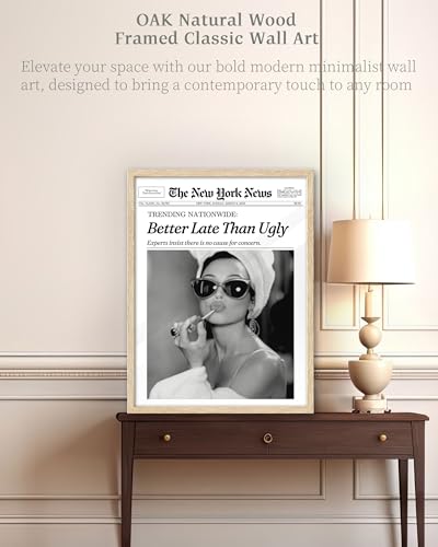 ihery natural oak wood audrey hepburn newspaper trendy framed wall art 12x16 in vintage headline canvas bedroom wall decor better late than uglybathroom artwork apartment girly dorm room 1pack