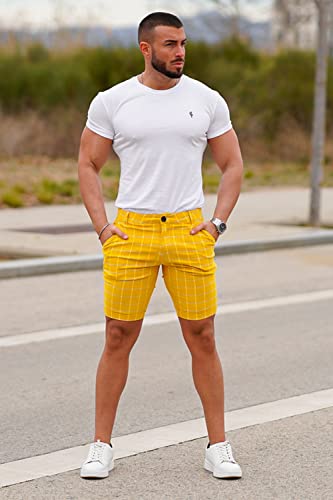 Mens Summer Shorts Pants Plaid Skinny Fit Slim Shorts Men (Yellow,32) #TOP6