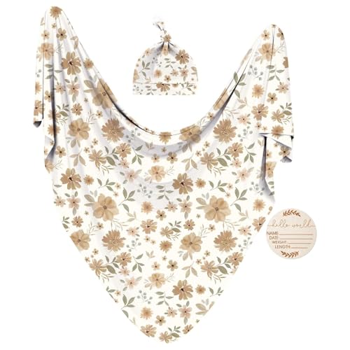 Image of Newborn Receiving Nursery Flower Blanket Baby Swaddle Wrap with Hat Set