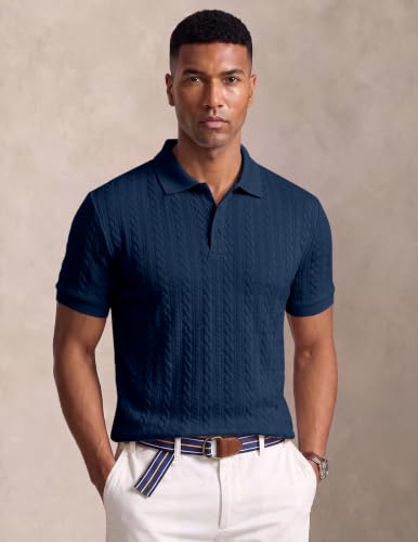 Image of JMIERR Men's Cable Knit Polo Shirts Elasticity Short Sleeve | Men's cable knit polo shirt with elasticity, machine wash, short sleeve, breathable textured knit for spring summer