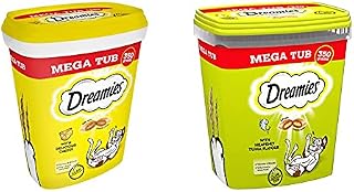 Dreamies Cat Treats, tasty snacks with delicious cheese, 2 x 350g tubs & Cat Treats, tasty snacks with delicious tuna flavour, 2 tub of 350 g