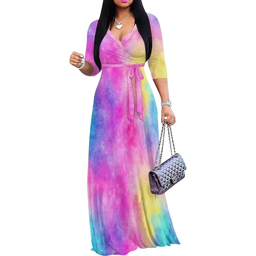 Image of PinkPatty Women's Print Maxi Dresses 3 /4 Sleeve Flowy Long Dress V Neck Wrap Tie Waist Sundress