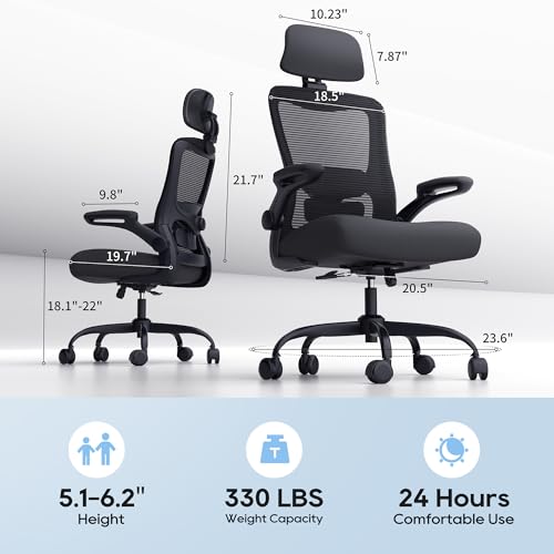 Office Chair, Ergonomic Mesh Desk Chair with Adjustable Lumbar Support and Headrest, Flip-up Armrests, High Back Computer Task Chair for Home and Executive Office (B-All Black) - Image 3