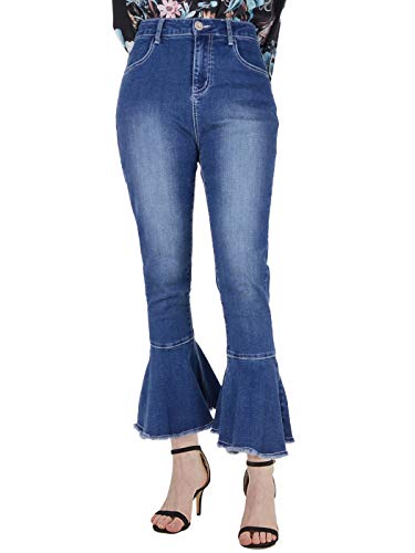 Anna-Kaci Women's Boho Ripped Frayed Raw Ruffle Hem Denim Jeans Flared Pants