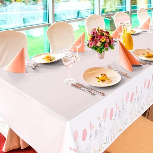 Image of Honeydak 4 Pcs Silly Goose Birthday Tablecloths,Pink Disposable Plastic | Pink 1st Baby Shower Gingham Table Cover, Disposable Plastic Tablecloths, Goose Theme Party Supplies, Summer Decorations
