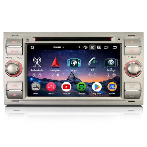 Erisin 7 pulgadas 8-núcleo 4GB+64GB Android 14 Radio Coche Bluetooth GPS Navegador para Ford Focus C-Max S-Max Galaxy Kuga Fiesta Transit CarPlay Android Auto DAB+ WiFi DSP USB OBD2 CD Pantalla táctil