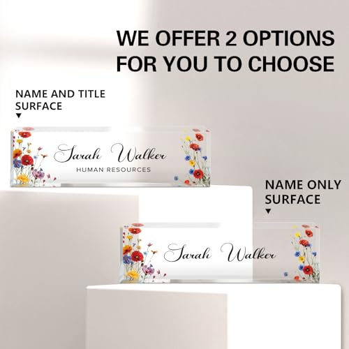 Image of Name Plate for Desk, Desk Name Plate Personalized, Flowers Office Decor for Women Men, Acrylic Desktop Accessories, Office Gifts for Boss Nurse Teacher Coworker, Employee Appreciation Gift (Pink /Blue)