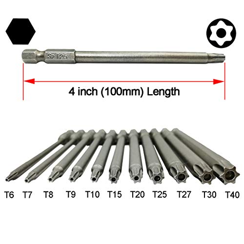 Ydlqwcz Long Torx Security Head Screwdriver Drill Set 1/4 Inch Hex Shank T6 T7 T8 T9 T10 T15 T20 T25 T27 T30 T40 11 Pieces 4 Inch Length S2 Steel Torx Screwdriver Bit Set (11Pcs Torx Head 100Mm) #TOP3
