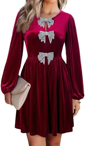 Happy Sailed Womens Velvet Dress Fall Winter Long Sleeve Bowknot ...