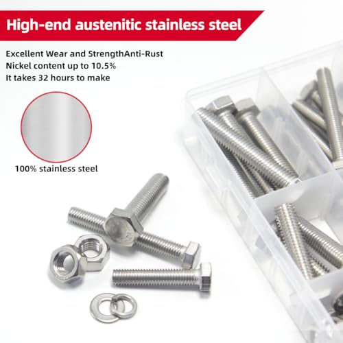 AIMUNOK 192-teiliges Schraubenset M6 M8 M10 - Edelstahl Sechskantschrauben & Muttern Set mit Unterlegscheiben, hochfeste Befestigungselemente für Industrie, Maschinenbau und Heimwerker