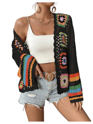 Image of SHENHE Women's Floral Crochet Cardigan Hollow Out Open Front Long Sleeve Cardigan Sweater