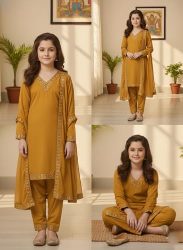 Image of Girls Stylish Rayon Lace Work Kurti with Dupatta and Pant