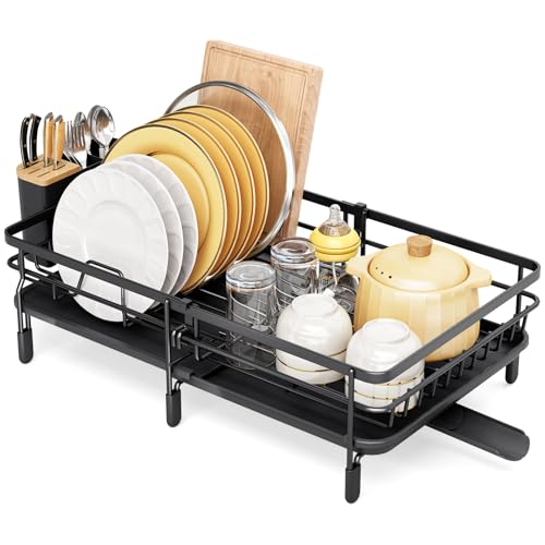 KINGRACK Escurreplatos sobre Fregadero Escurreplatos Extensible de Gran Capacidad, Escurridor de Platos Acero Inoxidable con Soporte para Cubiertos Extraíble, Escurreplatos Negro de Cocina