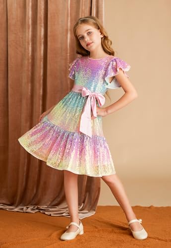 GRACE KARIN Girls Party Dress Sequin Formal Fancy Birthday Dress for Girls Prom Ruffle Midi Dress 5-14Years2