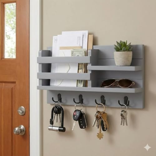Image of Key Holder for Wall with Mail Shelf & 4 Hooks | Engineered Wood (Grey, Elegant Mail Organizer - 35.5 x 9 x 23 cm)
