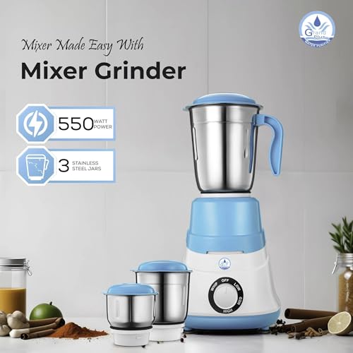 Image of GRAND PLUS Sky Blue 550 W Mixer Grinder with 3 Multipurpose Jars for Grinding, Blending & Mixing | High-Performance Motor | Super Efficient & Power Saving | 1Y Warranty(Neo | 3 Jars |White, Sky Blue)