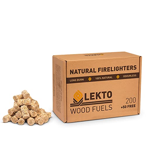 Lekto Woodfuels Natural Firelighters - Box of 200 + 50 Free for Wood Burners Fire Pits BBQs Chiminea & Camping | Eco Friendly Kindling Starters | Up to 10 Minute Burn | Compressed Wood Wool