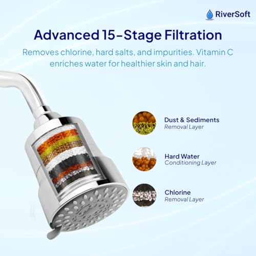 Image of RiverSoft DIVA-03 Shower Filter for Hard Water with 15 Stages | 3 Mode Spray Setting | Shower Head Filter (Chrome, Pack of 1)