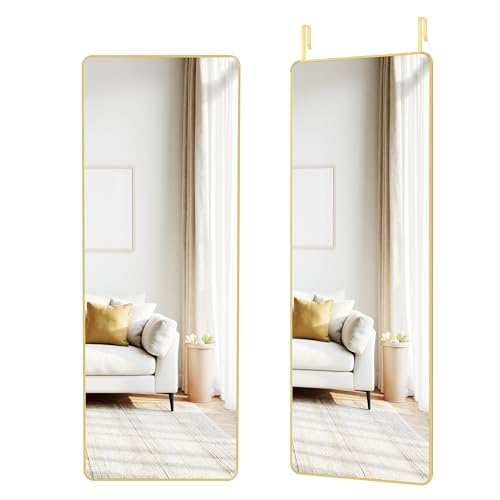 SONGMICS Ganzkörperspiegel, 120 x 40 cm, rechteckiger Spiegel, Wand- oder Türmontage, Rahmen aus Aluminiumlegierung, Hartglas, für Schlafzimmer, Wohnzimmer, Garderobe, blassgold LFM032AB01