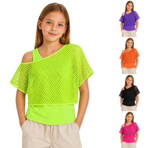 Girls Fishnet Off Shoulder Top with Tank Top, 80s 90s Neon Costume Outfit - image 1