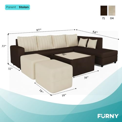 Image of CASASTYLE Stylano 8 Seater Fabric RHS L Shape Sofa Set with 1 Centre Table & 2 Ottoman (Cream-Dark Brown) 8 Person Seating with Premium Velvet Finish | Ideal for Living Room