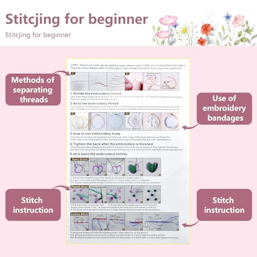 Image of 4 Pack Embroidery Kit for Beginners,Adults DIY Starter Kit,Cross Stitching Kits with Flower Stamped Patterns,Hoop,Tools,Colorful Threads with Needles,Step by Step Instructions,Hand Craft Lover Gift